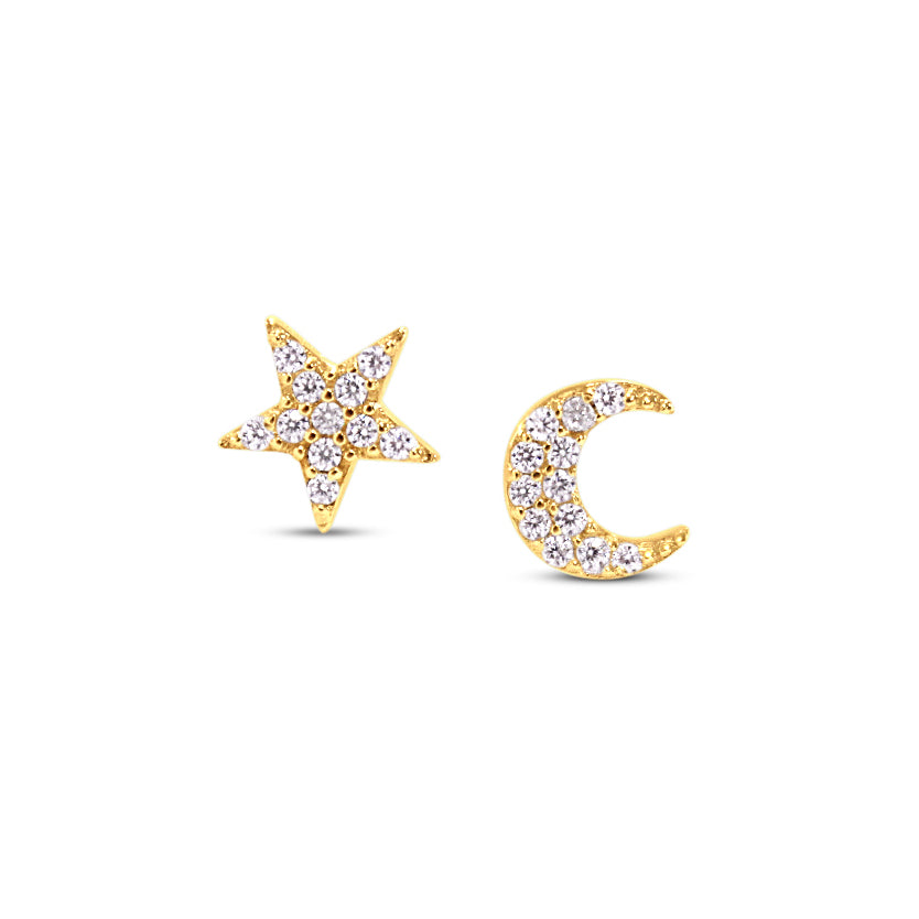 Tiny Star and Moon Earrings / Dainty Gold Star Moon Earring / Delicate Gold Star & Moon Studs / popular Gold Star Diamond Moon / Minimalist Jewelry