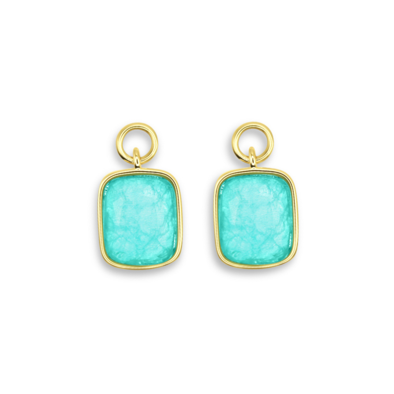 Interchangeable hoop earring charm in 14k gold with green/blue stone detail