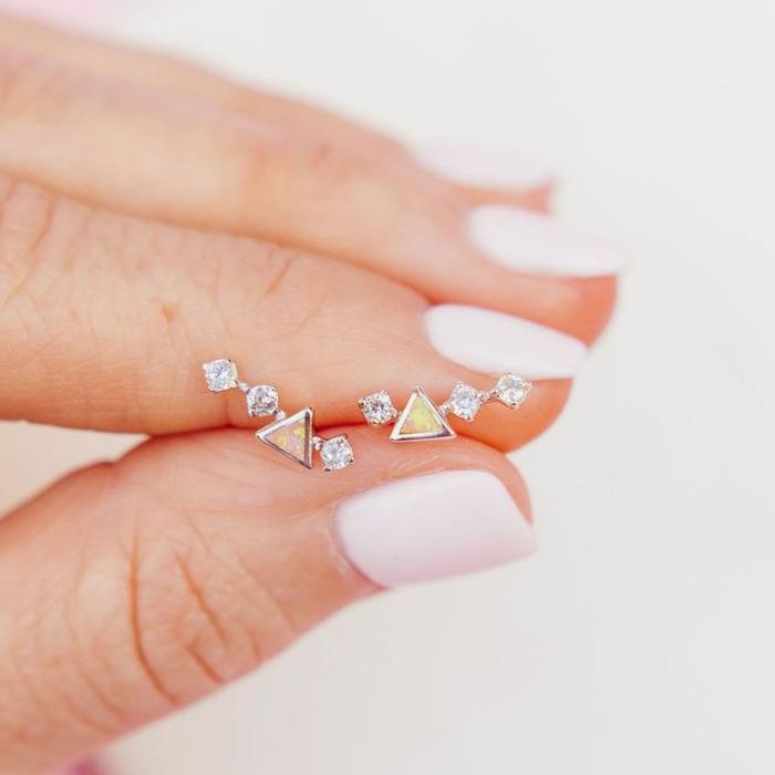 Sterling Silver White/Pink Opal and CZ Mini Ear Climbers Earrings Chloe + Lois