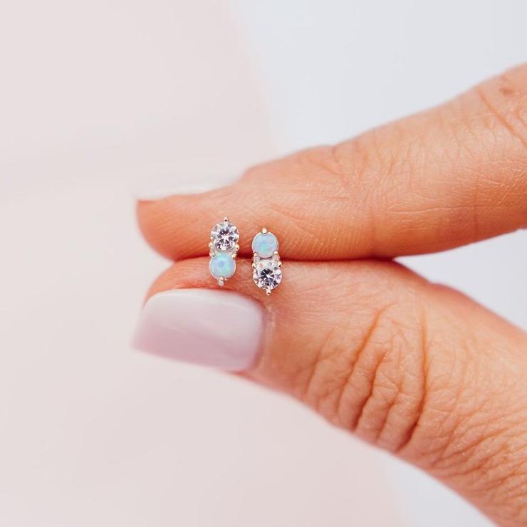 Milky Blue Opal + Cubic Zirconia "Twinkle" Studs Earrings Chloe + Lois