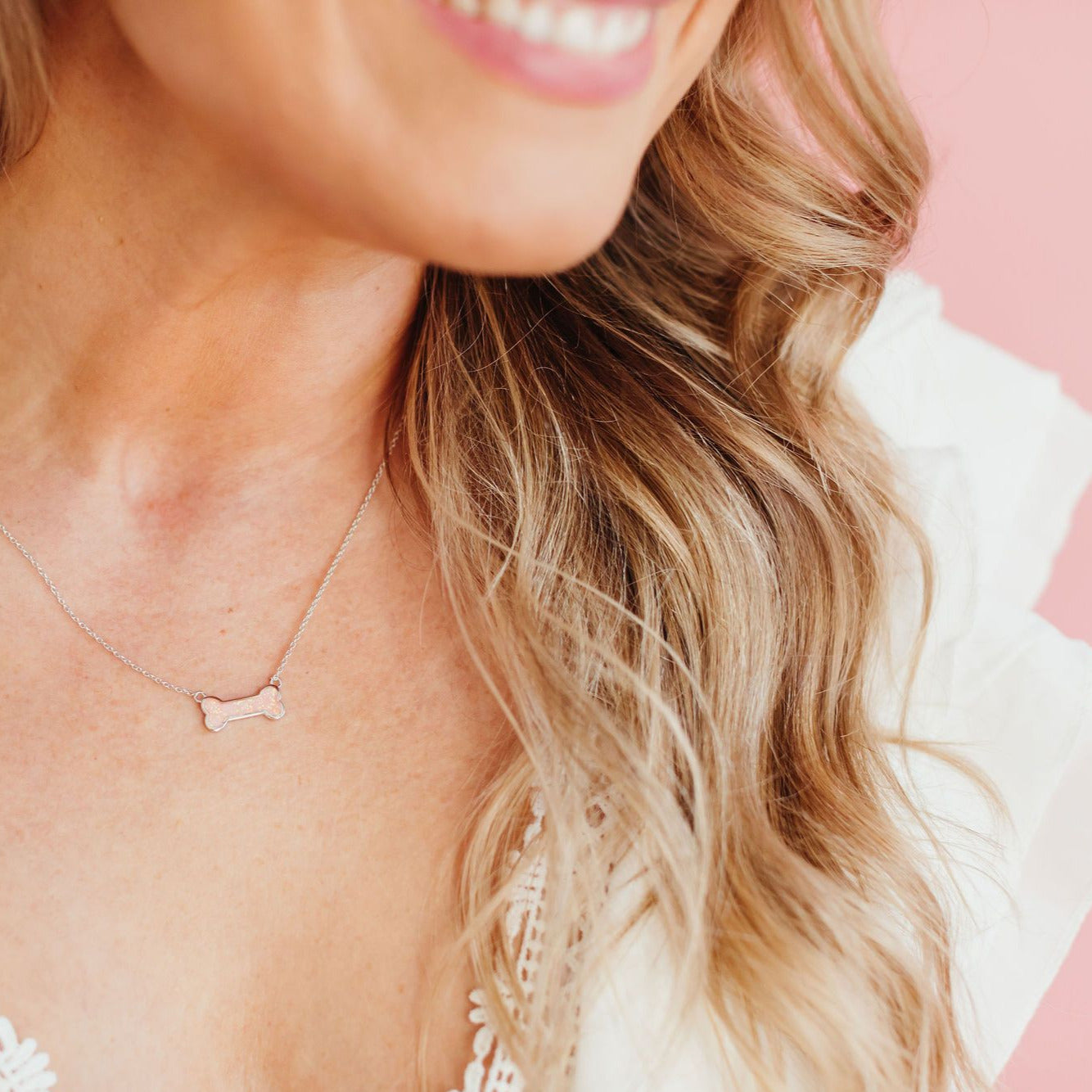 Chloe + Lois Pink Opal Dog Bone Necklace for the Dog Mom