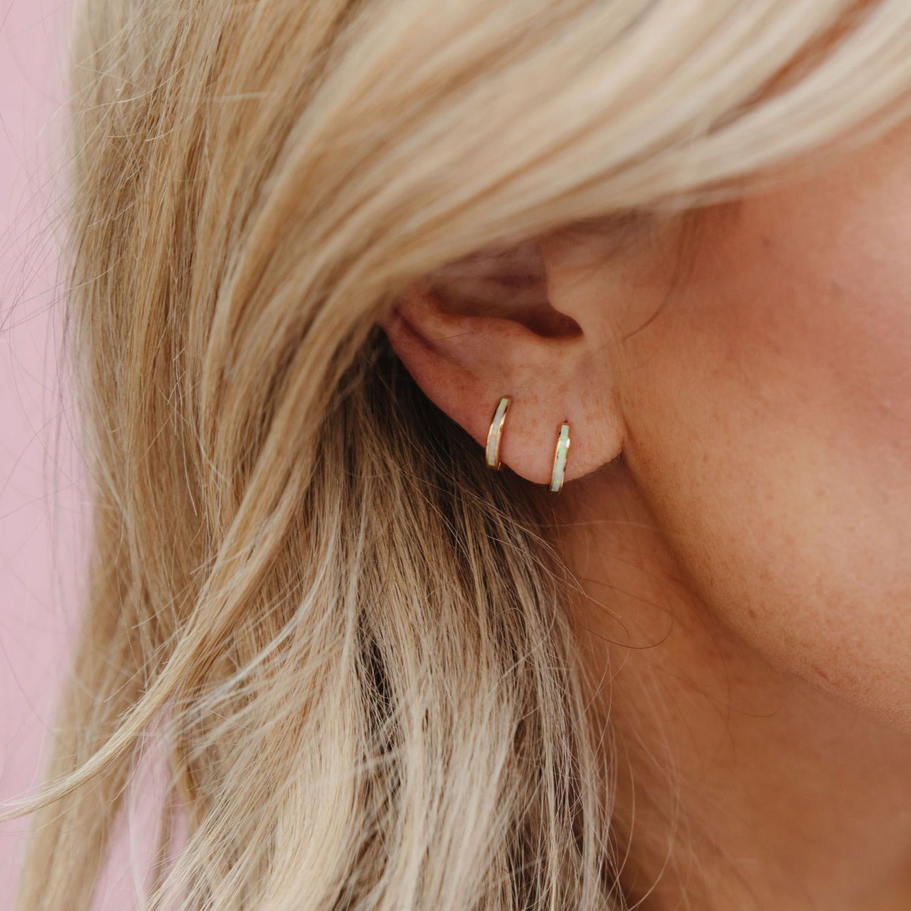 Milky Blue Opal Slim Huggie Hoops HOOP EARRINGS Chloe + Lois Sterling Silver