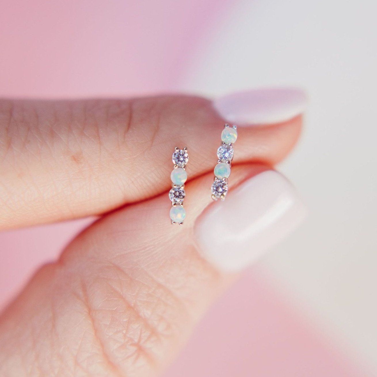"Infinity" Bar Studs in Opal + Cubic Zirconia Earrings Chloe + Lois