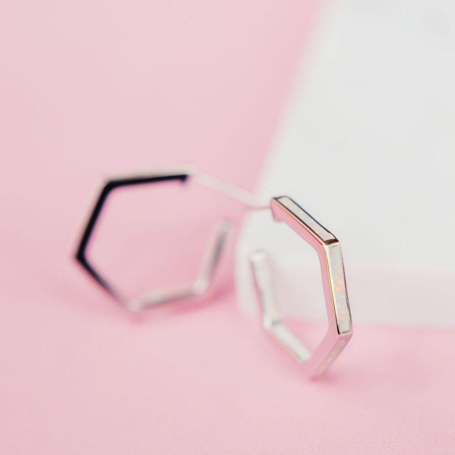 White Opal Stardust Hexagon Hoops EARRINGS Chloe + Lois Sterling Silver