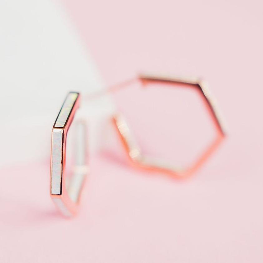 White Opal Stardust Hexagon Hoops EARRINGS Chloe + Lois