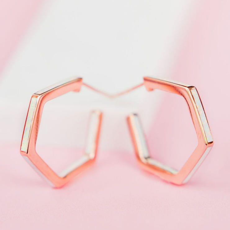 White Opal Stardust Hexagon Hoops EARRINGS Chloe + Lois Rose Gold