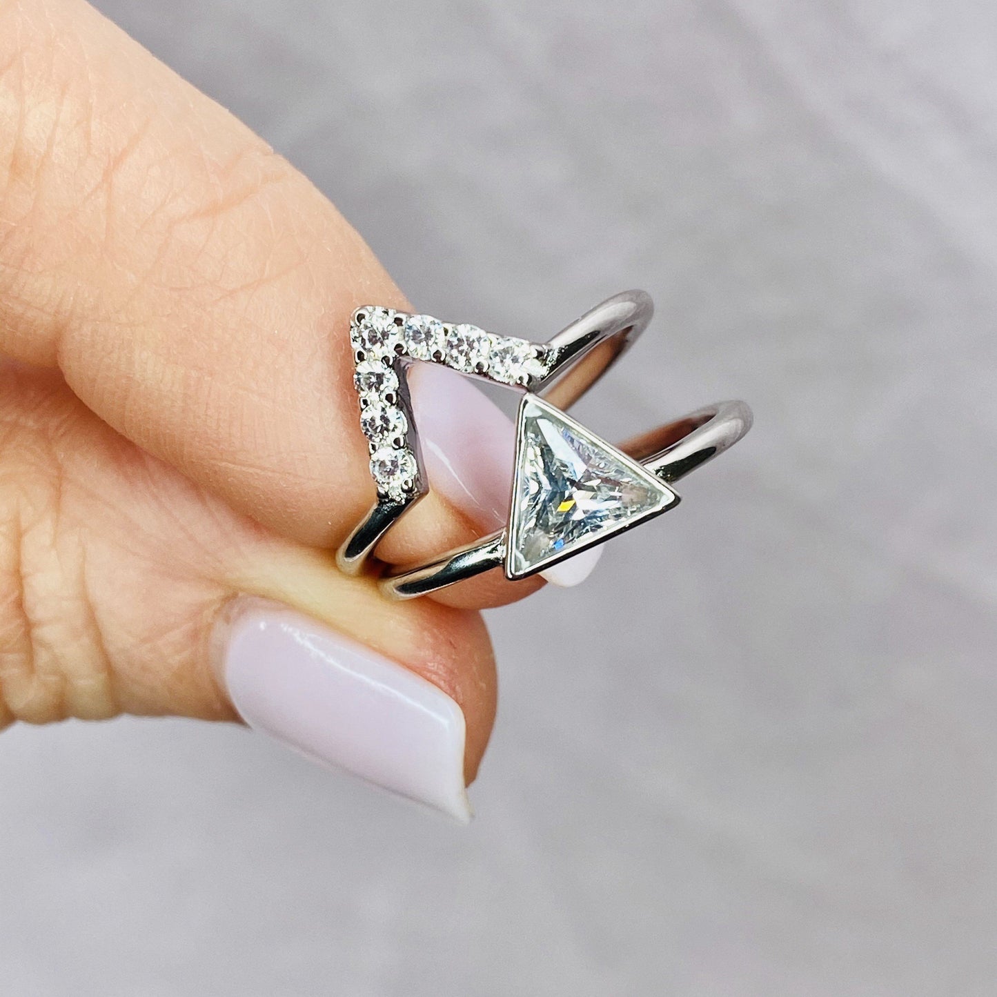 Sterling Silver Clear Cubic Zirconia Triangle Stacking Ring Set Rings Chloe + Lois