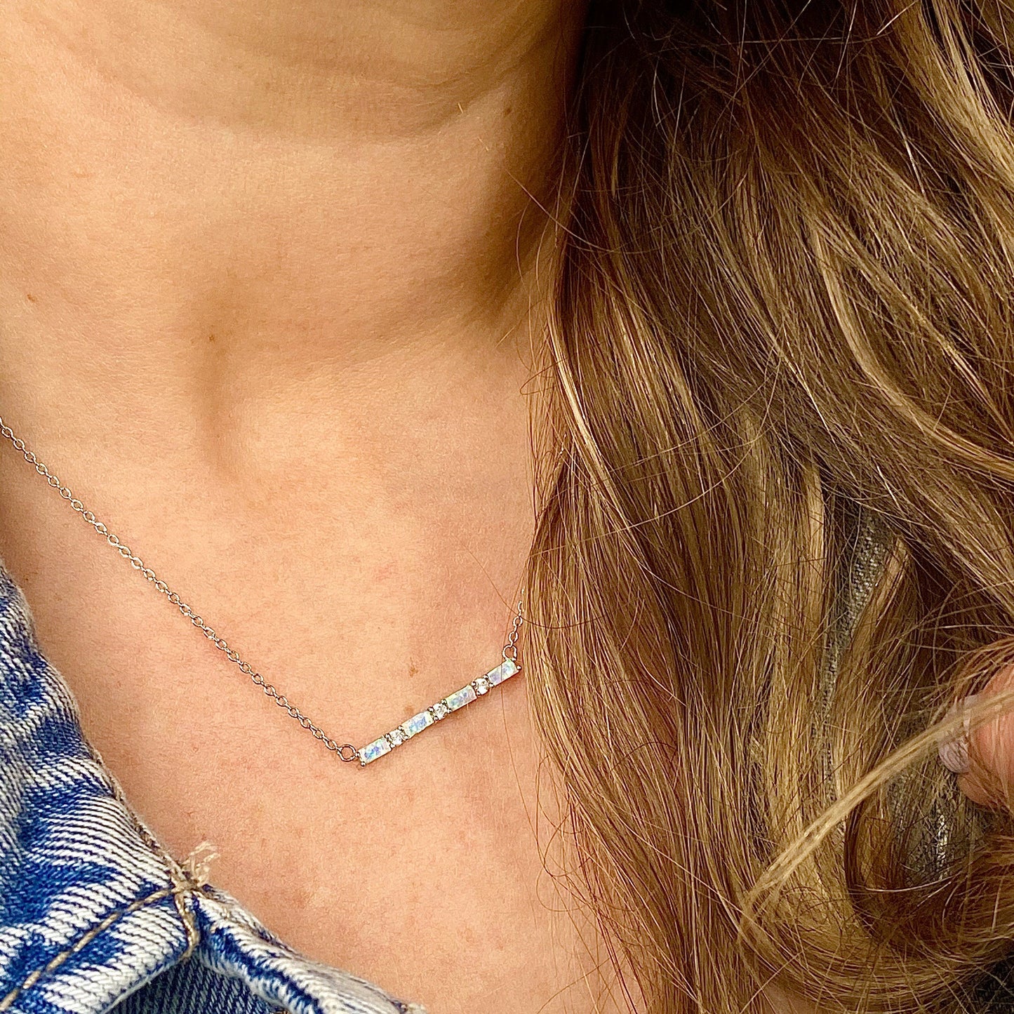 Baguette Bar Necklace in Opal + Cubic Zirconia Necklaces Chloe + Lois