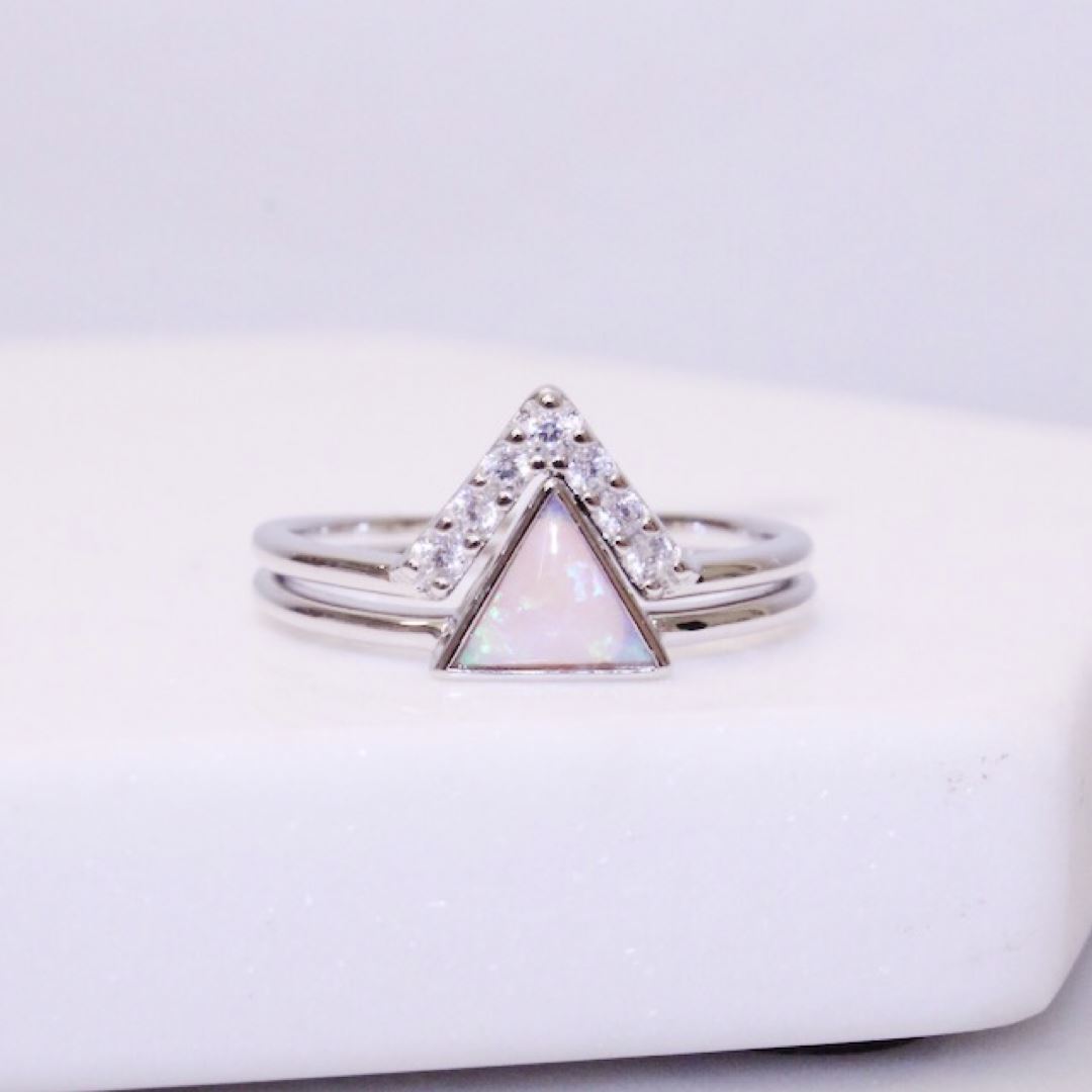 Sterling Silver Pink Opal Triangle Stacking Ring Set Rings Chloe + Lois