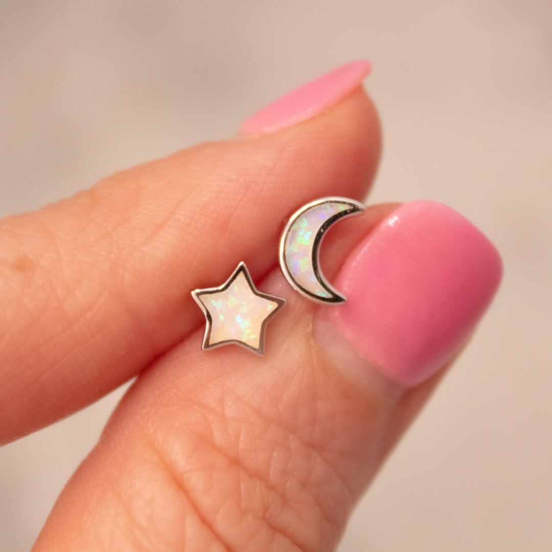 "Starry Night" Mismatched Moon + Star Studs in White Opal Earrings Chloe + Lois