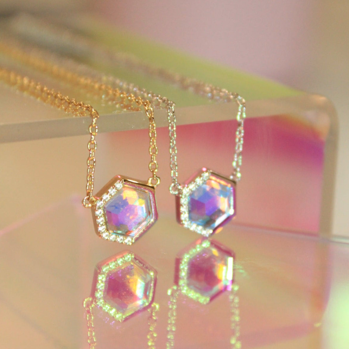 Chloe + Lois Geometric Hexagon Shaped Necklace in Angel Aura Quartz