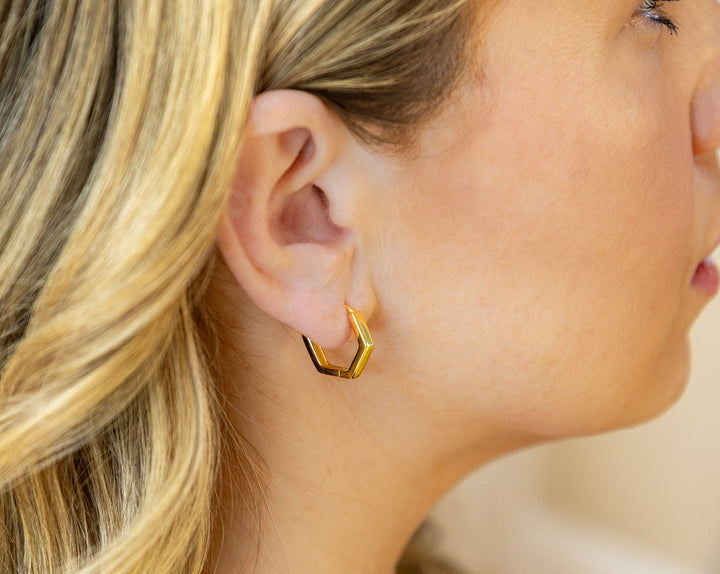 Chloe + Lois Hexagon Geometric Shape Hoop Earrings in 14k Gold