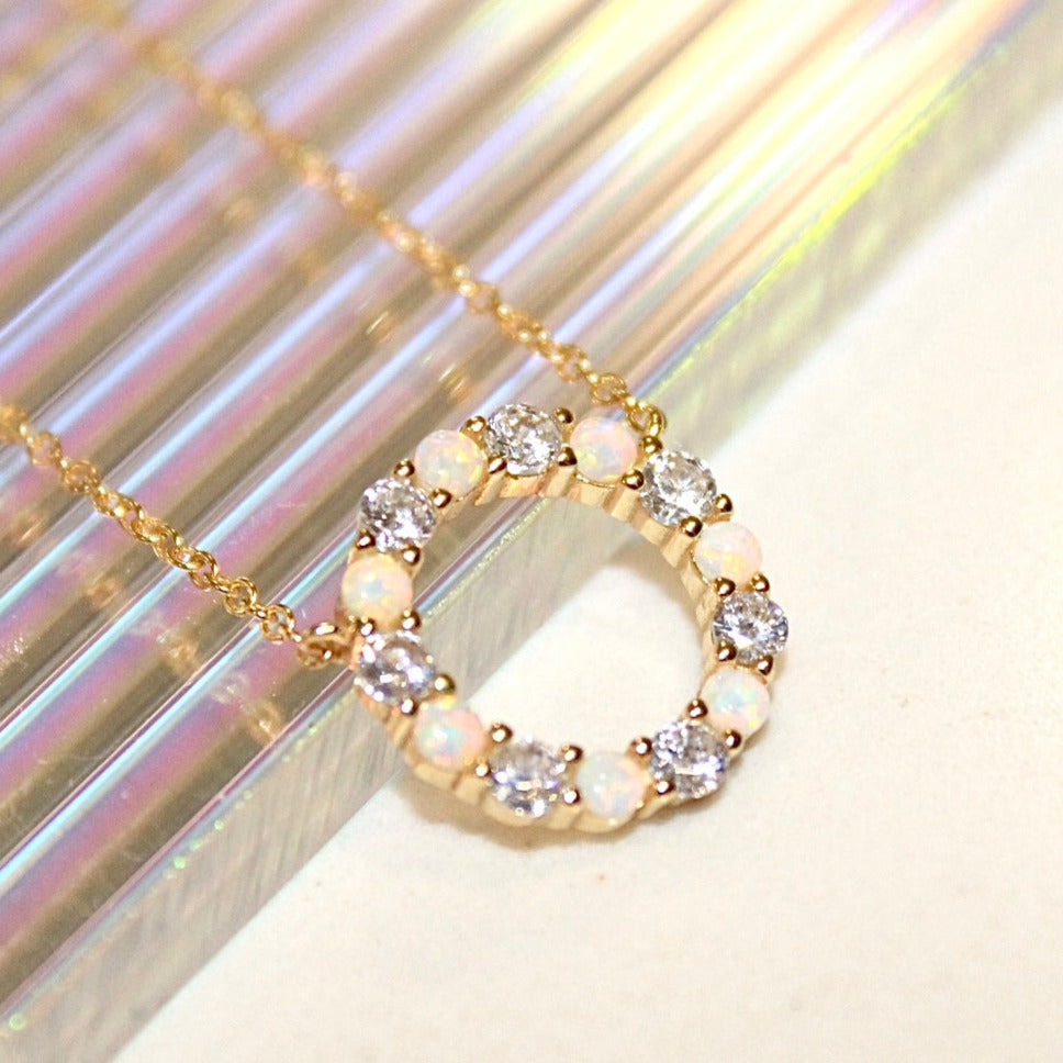 CHLOE + LOIS 14K GOLD NECKLACE WITH WHITE OPAL AND CUBIC ZIRCONIA