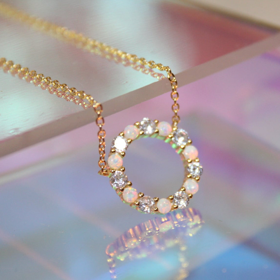 Round White Opal and White Cubic Zirconia Necklace by Chloe + Lois in 14k Gold