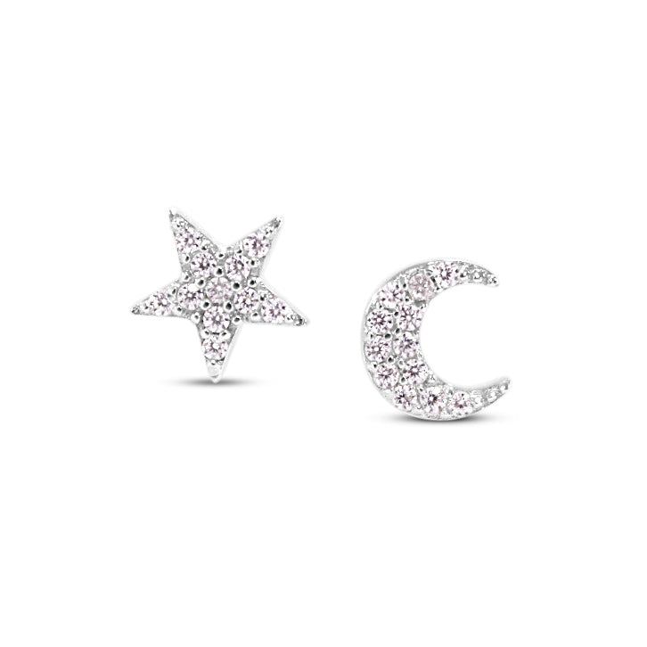 Handmade 925 Sterling Silver Asymmetrical Moon Stud Earrings | Tiny Star Dangle | Cute Minimalist Jewelry Gift For Her