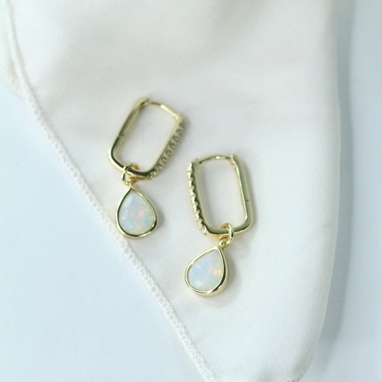 White Opal CZ Drop Hoops