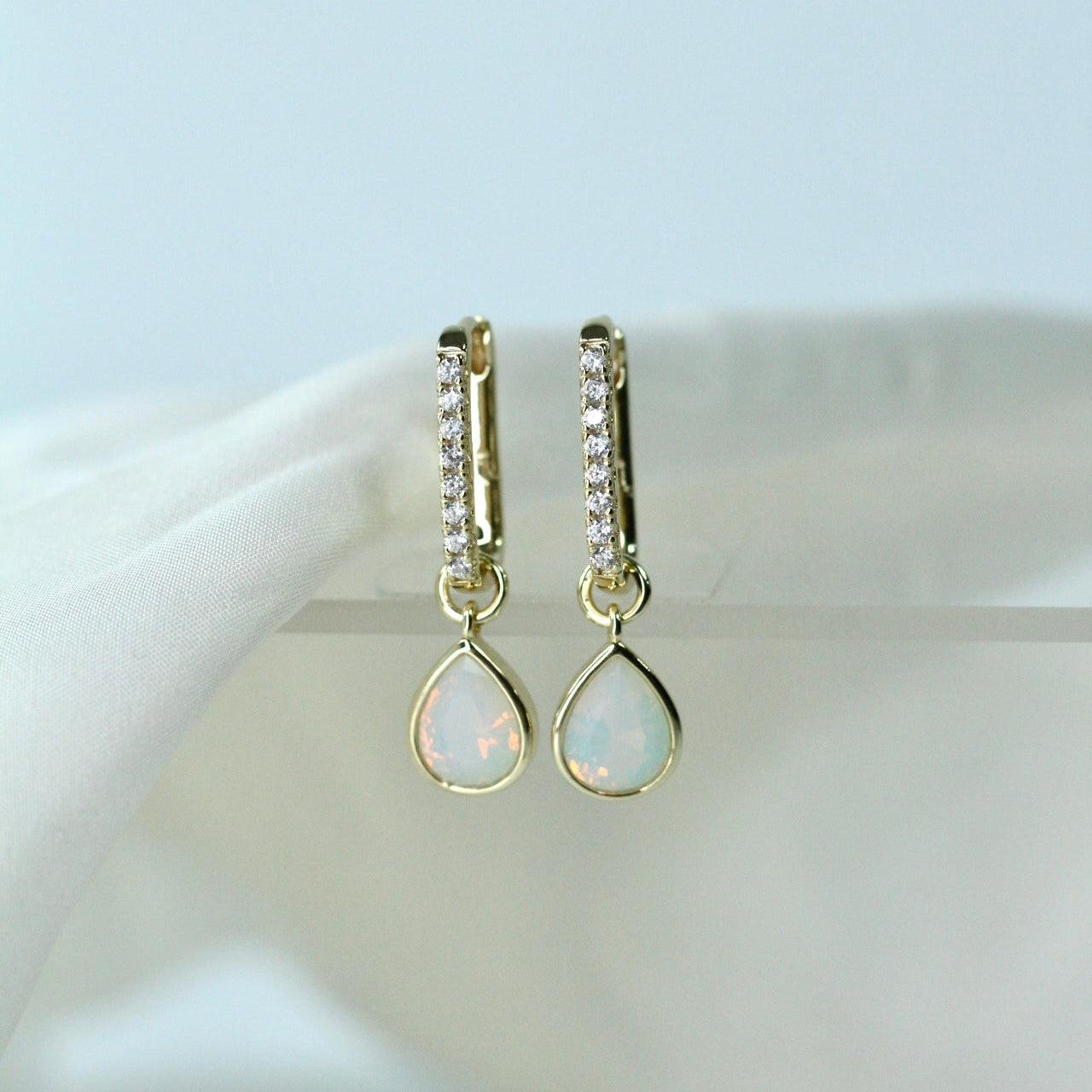 White Opal CZ Drop Hoops