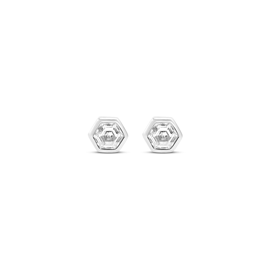 Mini Hex Stud Earrings in White CZ