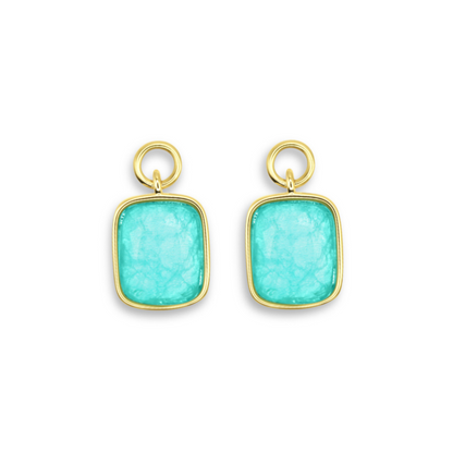 Interchangeable hoop earring charm in 14k gold with green/blue stone detail
