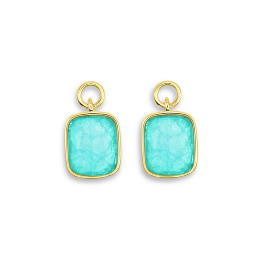Interchangeable hoop earring charm in 14k gold with green/blue stone detail