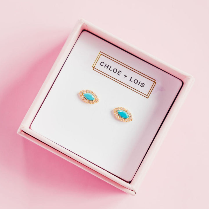 CHLOE + LOIS 14K Gold Dainty Turquoise Evil Eye Earrings