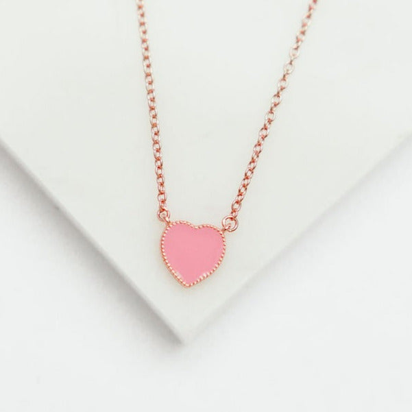 Enamel Heart Necklace in Rose Pink