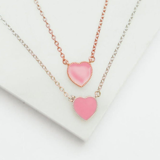 Enamel Heart Necklace in Rose Pink