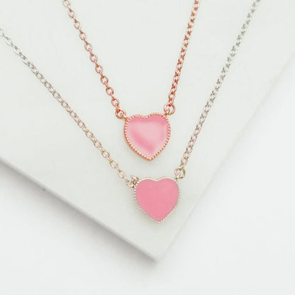 Enamel Heart Necklace in Rose Pink