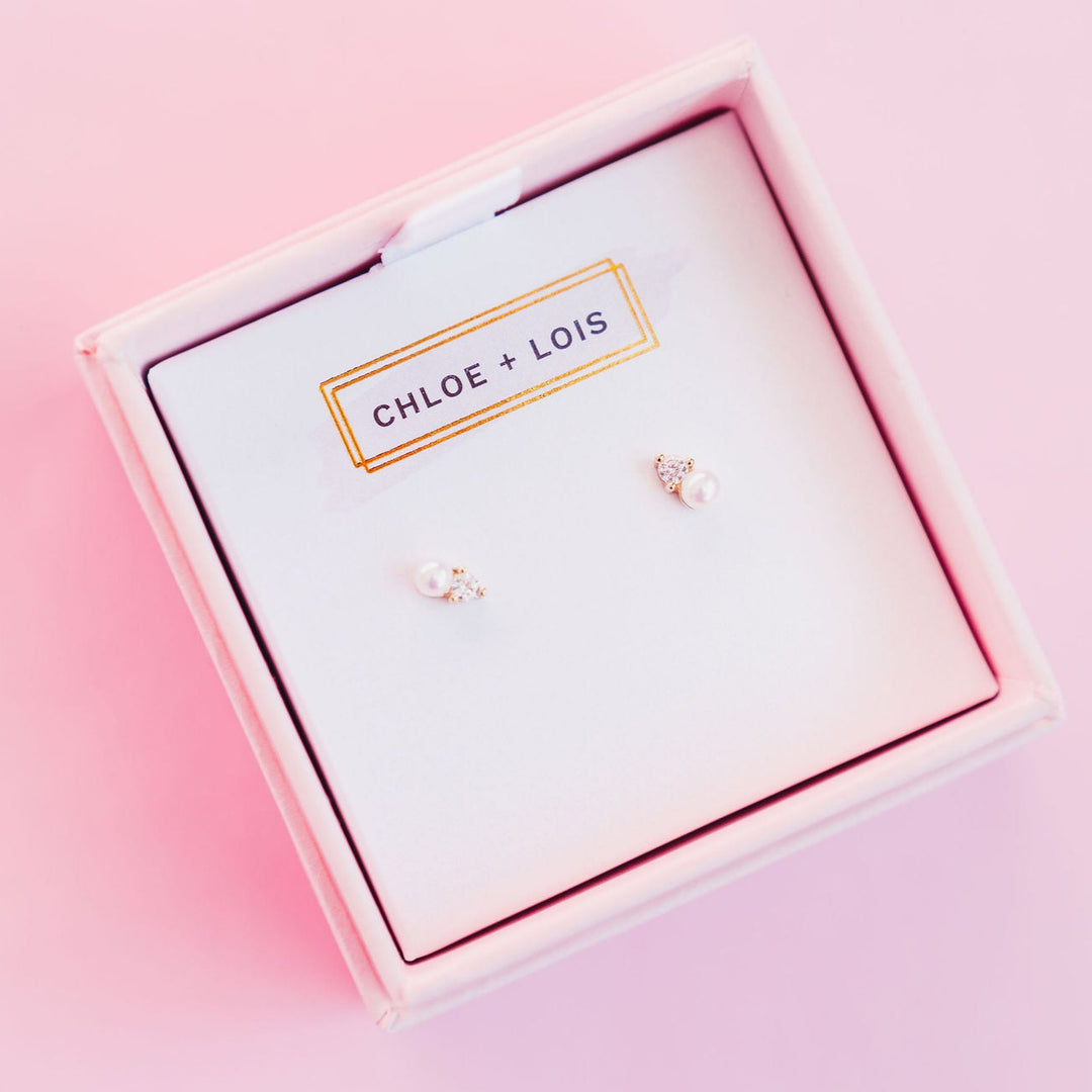 Chloe + Lois Dainty Pearl Stud Earrings in 14k Gold and Sterling Silver