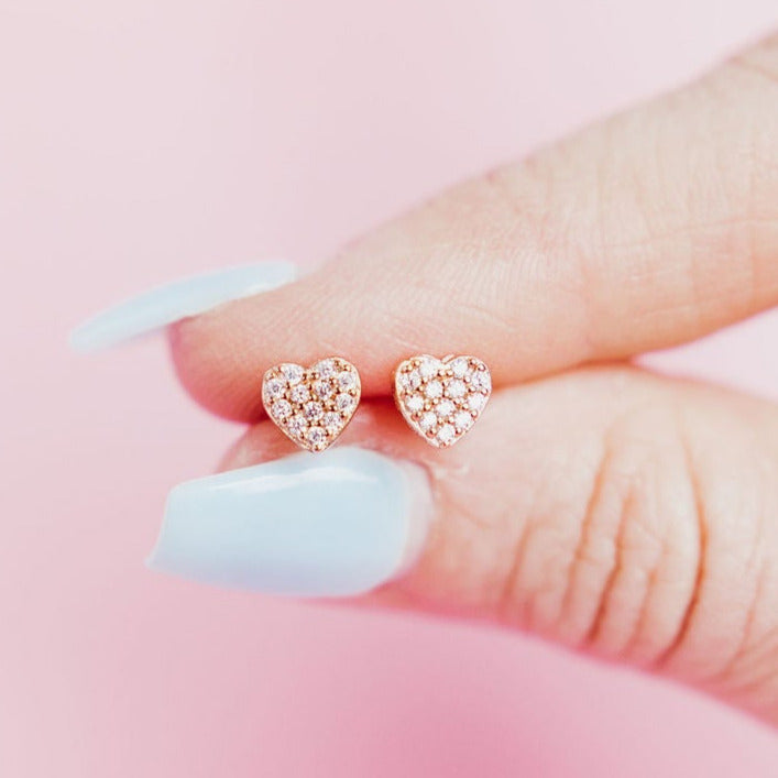Dainty Rose Gold Pave Heart Studs by Chloe + Lois