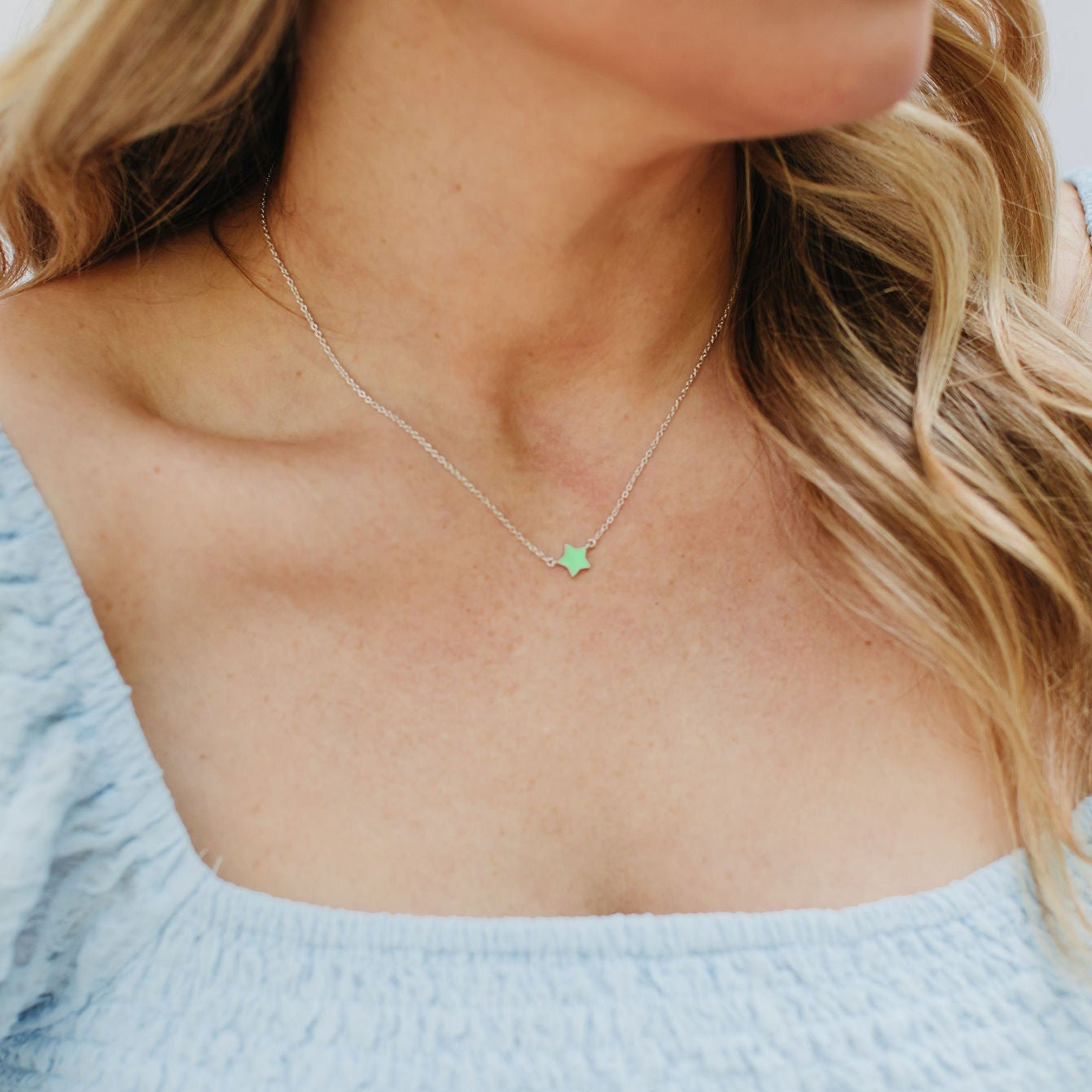 Mini Enamel Star Necklace in Mint