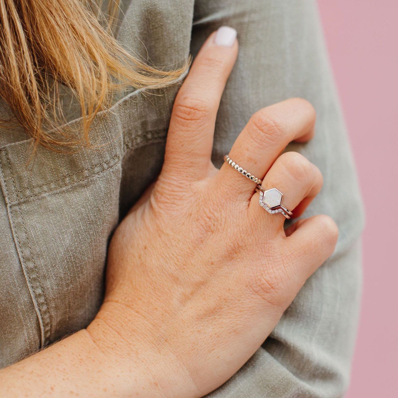 White Opal Stardust Stacking Ring Rings Chloe + Lois 