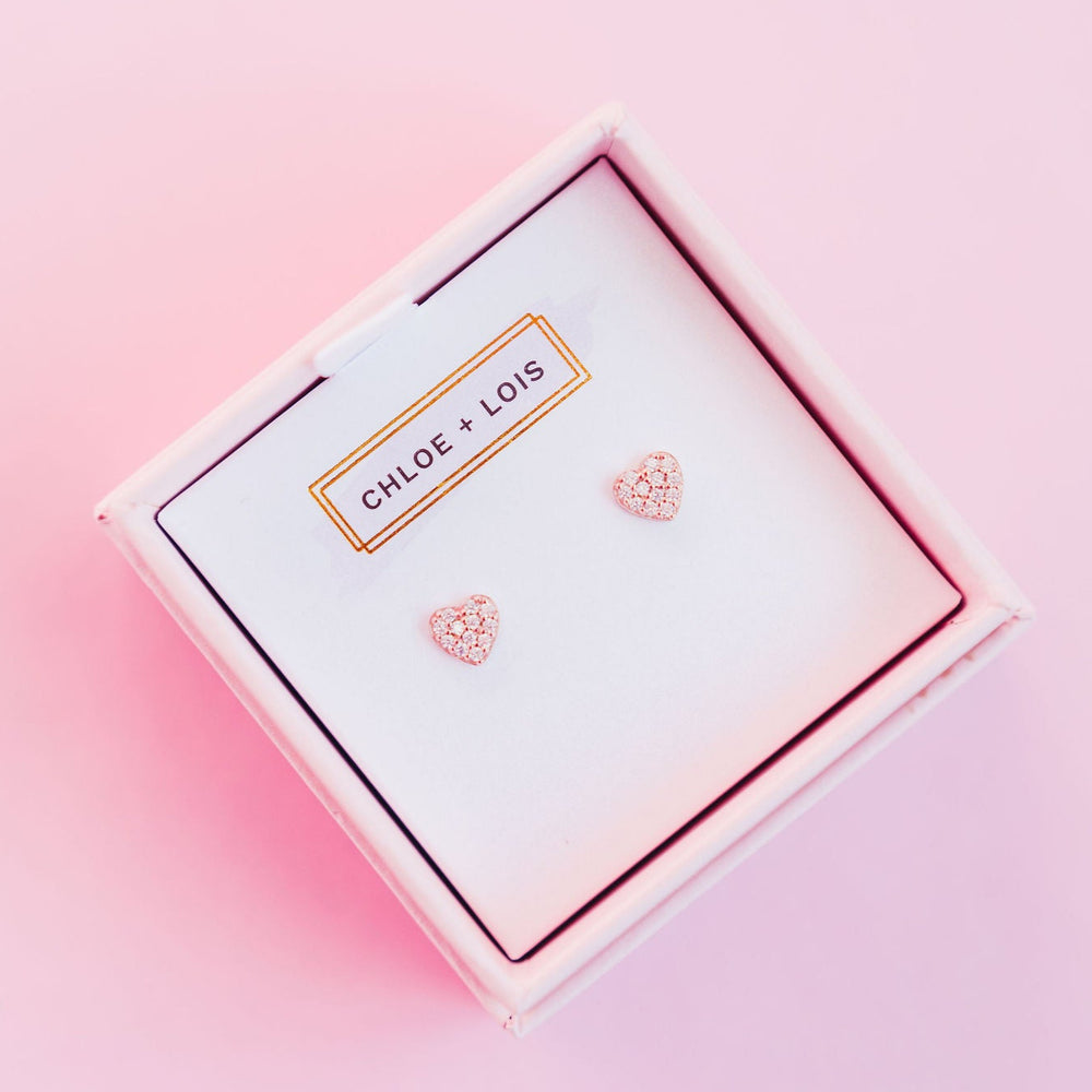 Chloe + Lois Pave Heart Studs in Rose Gold
