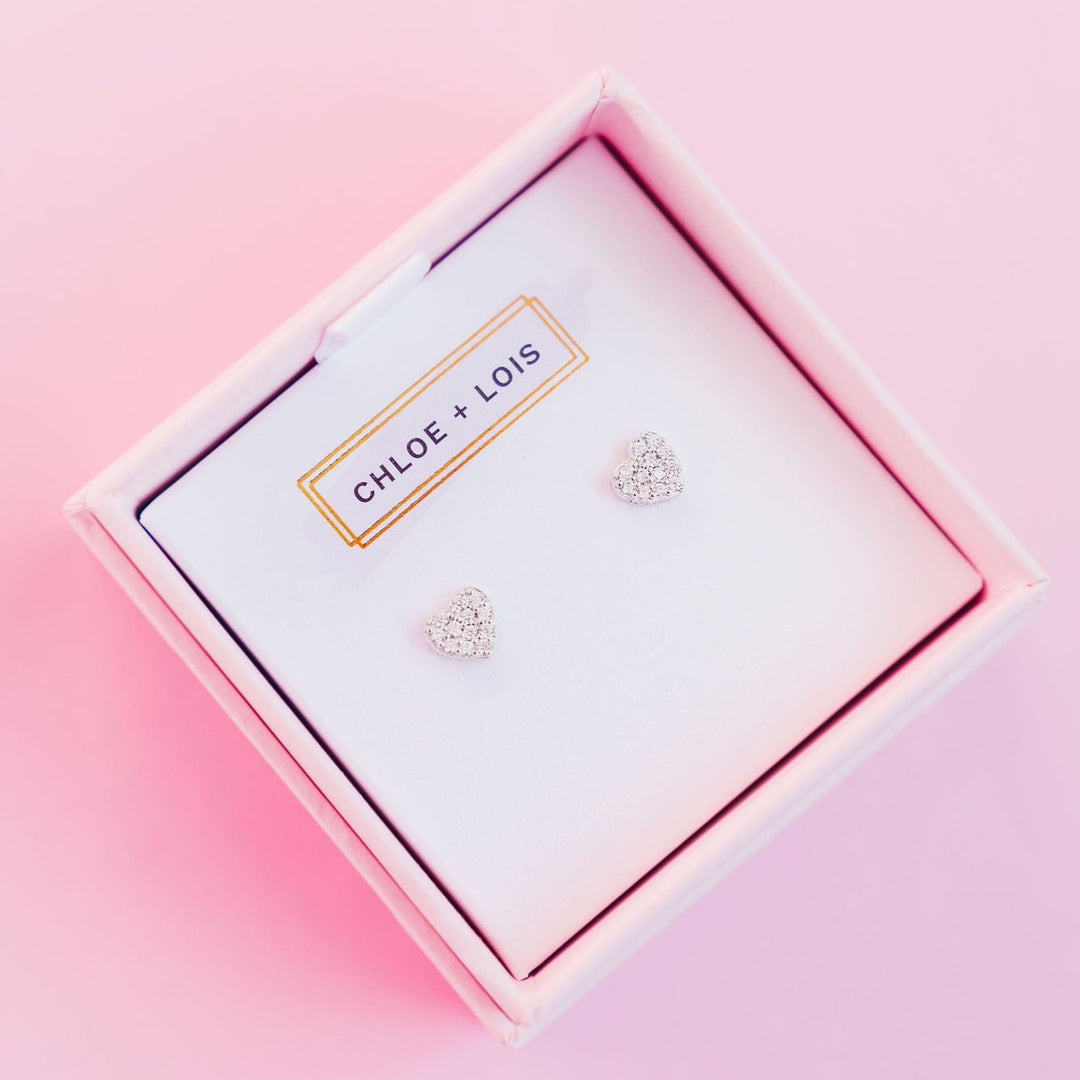 Chloe + Lois Pave Heart Studs in Sterling Silver