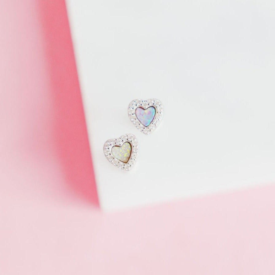 CHLOE + LOIS STERLING SILVER OPAL SWEETHEART STUD EARRINGS