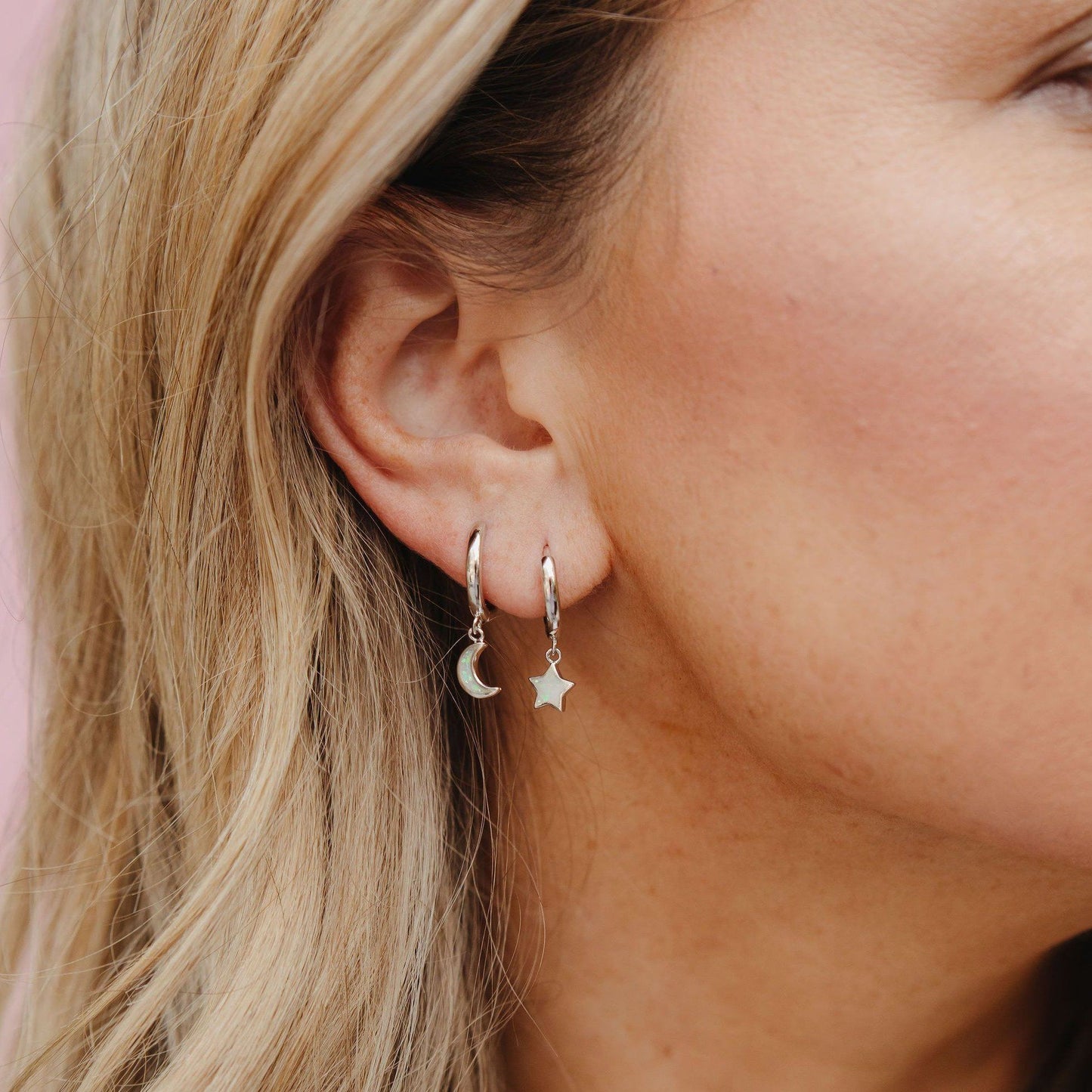 "Starry Night" Mismatched Moon + Star Huggie Hoops HOOP EARRINGS Chloe + Lois 