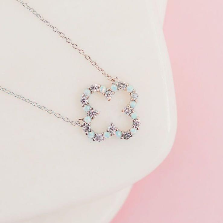 "Infinity" Clover Necklace in White Opal + Cubic Zirconia Necklaces Chloe + Lois 
