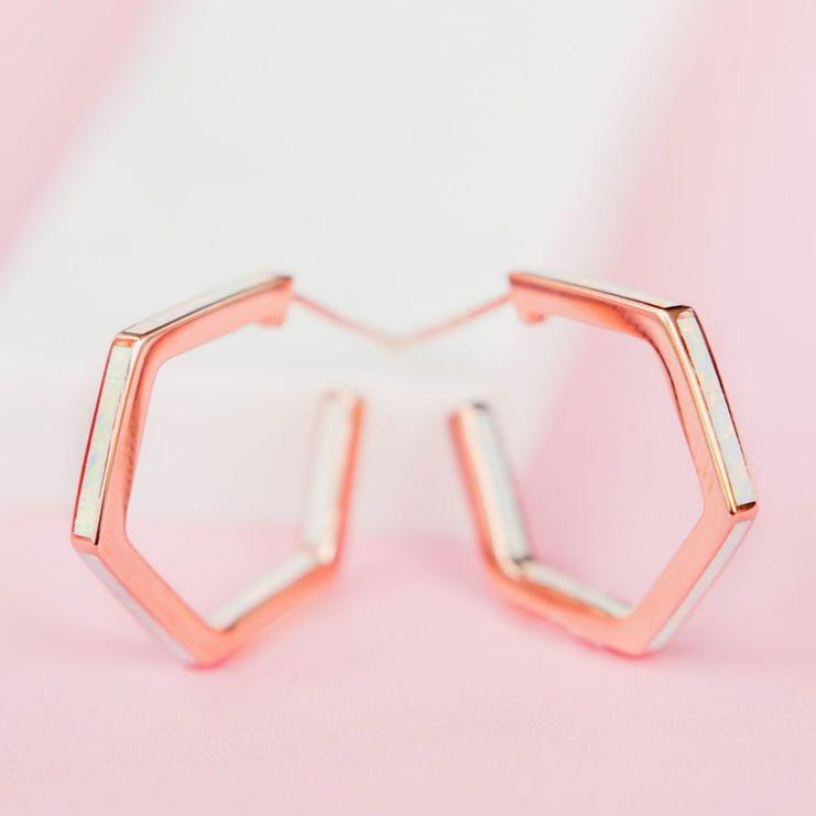 White Opal Stardust Hexagon Hoops EARRINGS Chloe + Lois Rose Gold 