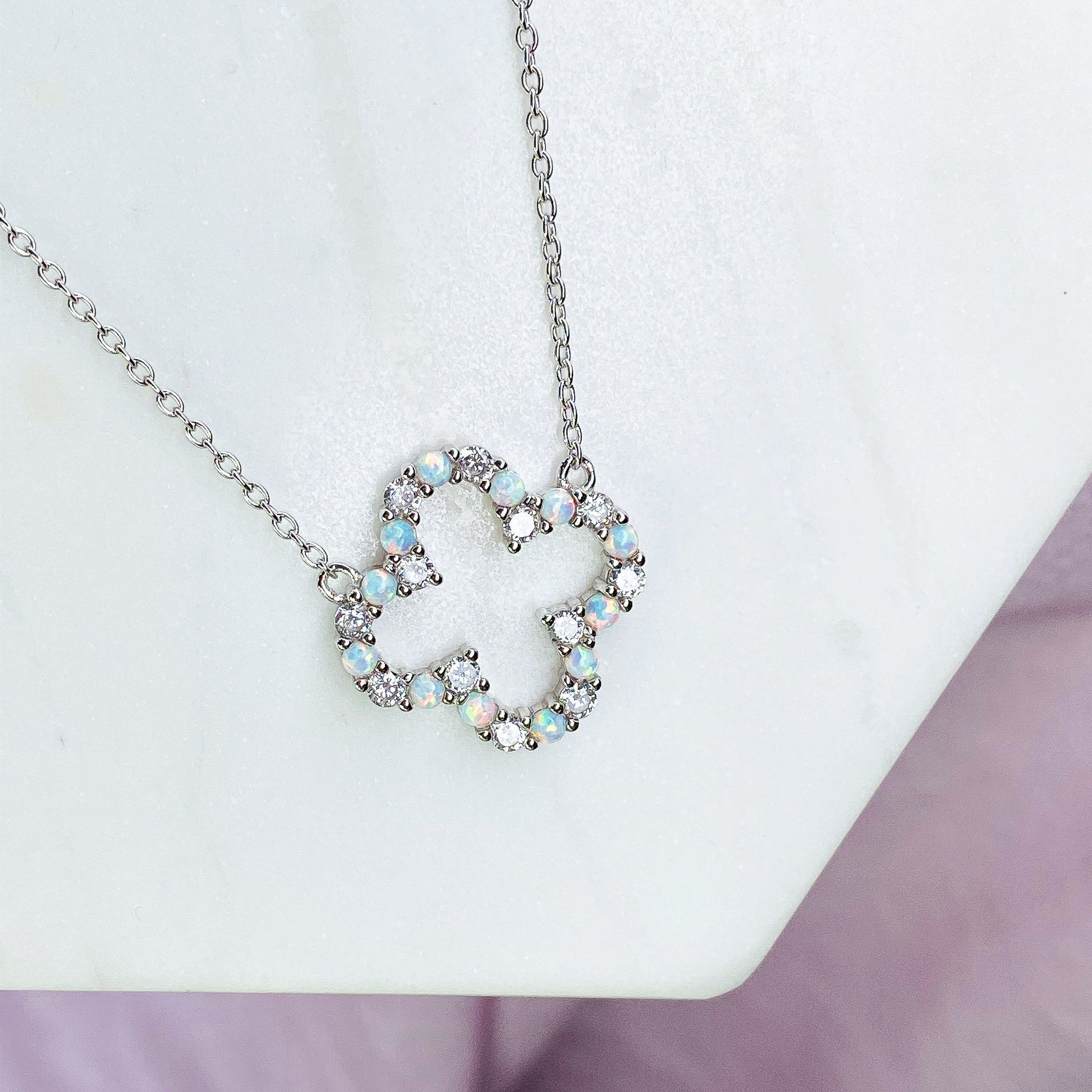 "Infinity" Clover Necklace in White Opal + Cubic Zirconia Necklaces Chloe + Lois 