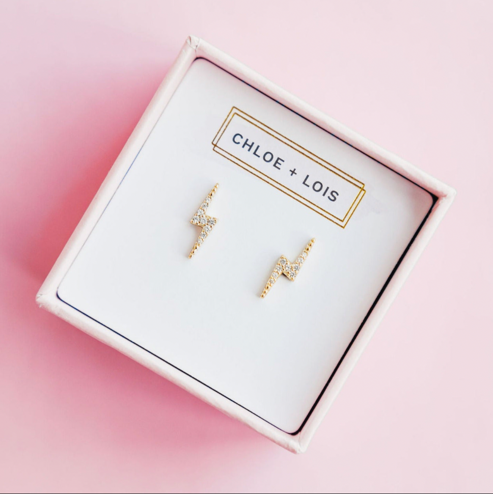 Chloe + Lois Dainty 14k gold lightning bolt stud earrings